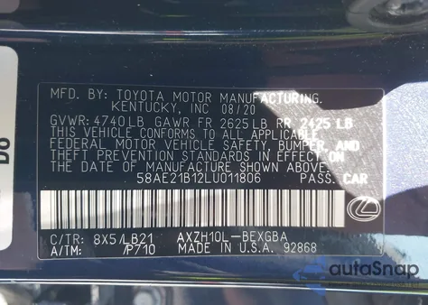 2020 Lexus Es 300H Luxury from USA, damaged, VIN 58AE21B12LU011806